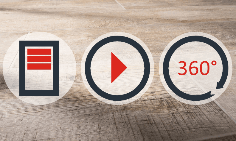 Symbolen voor tijdschriftartikelen, video&#39;s en panoramische rondleidingen voor gelegde stenen vloeren