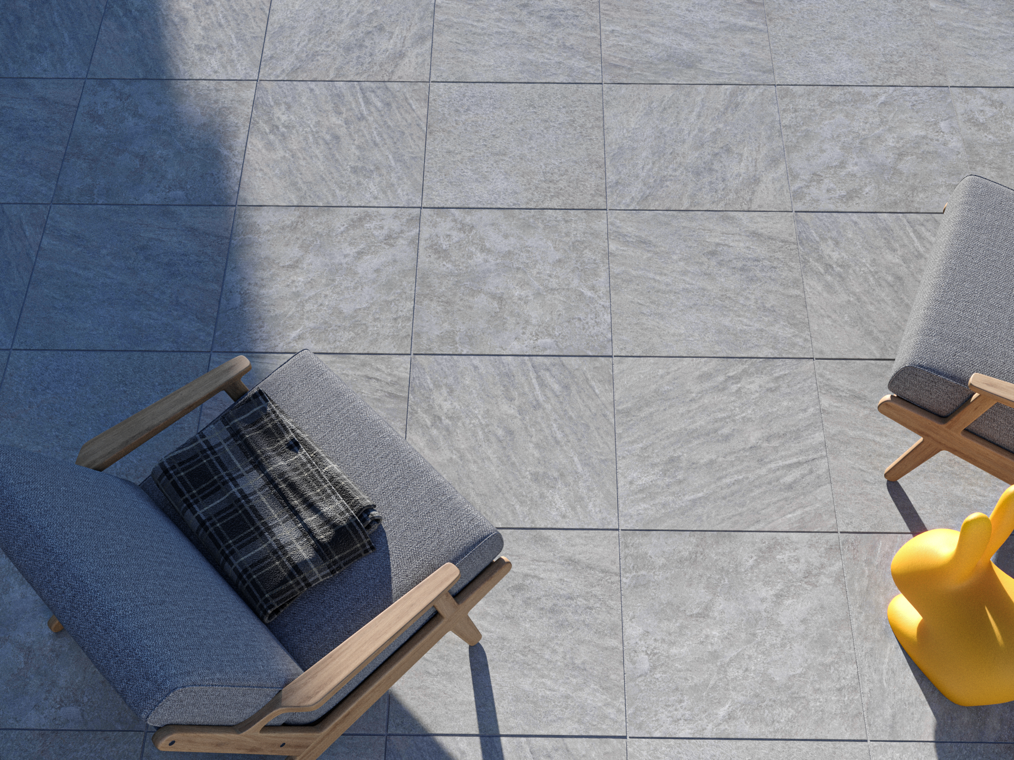 Terrasplaat in kwartsietlook Classic Grey met buitenmeubilair