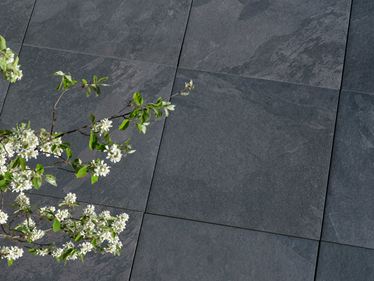 Tegels in donkere alpine zwarte leisteenlook met een tak op de voorgrond