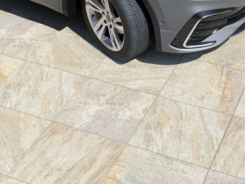 Kwartsiet look platen Bern 3cm detail met gesneden auto