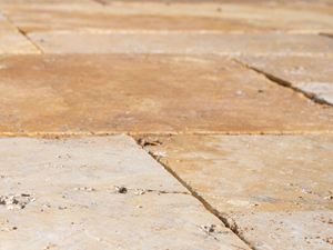 Fluweelachtig: Travertin goud met getrommeld oppervlak Detail van travertin gouden platen in het uiterwaardengebied vanuit het perspectief van de kikker