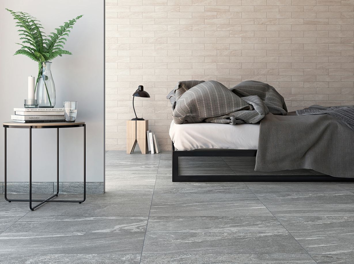 Elegante en moderne look met Dolomit Silver tegels in granietlook Slaapkamer met Dolomit Silver tegels in granietlook