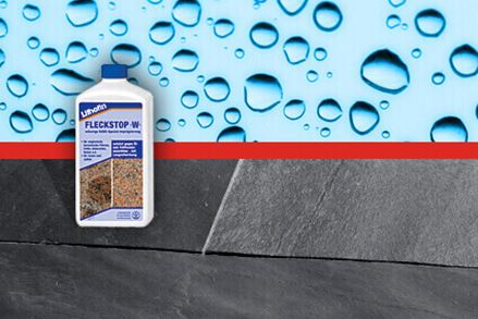 Een fles impregneermiddel voor leistenen tegels en een afbeelding met waterdruppels